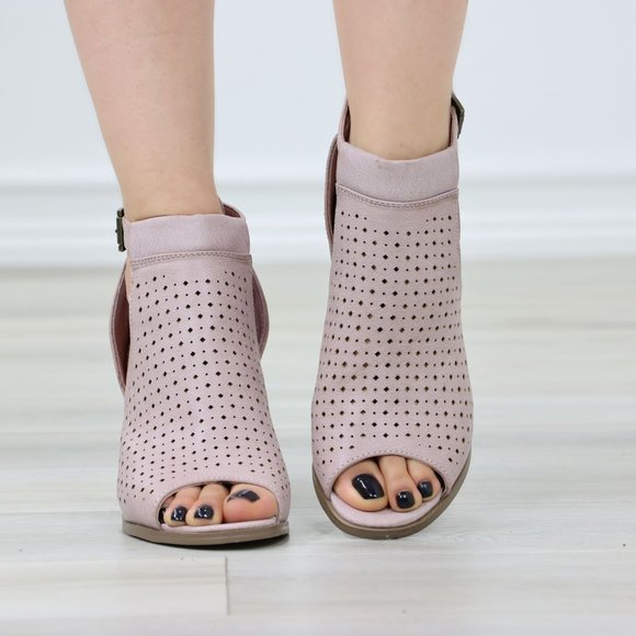 Peep Toe Mauve Faux Leather Heeled Ankle Booties - Picture 8 of 11